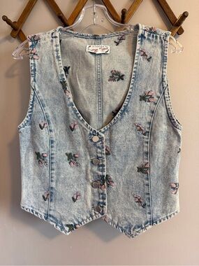 Vintage 90s Acid Wash Floral Embroidered Denim Vest Blue L vint sizing